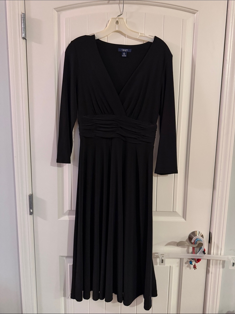 Chaps Black Long-Sleeve V‑Neck Wrap-Style Midi Dress